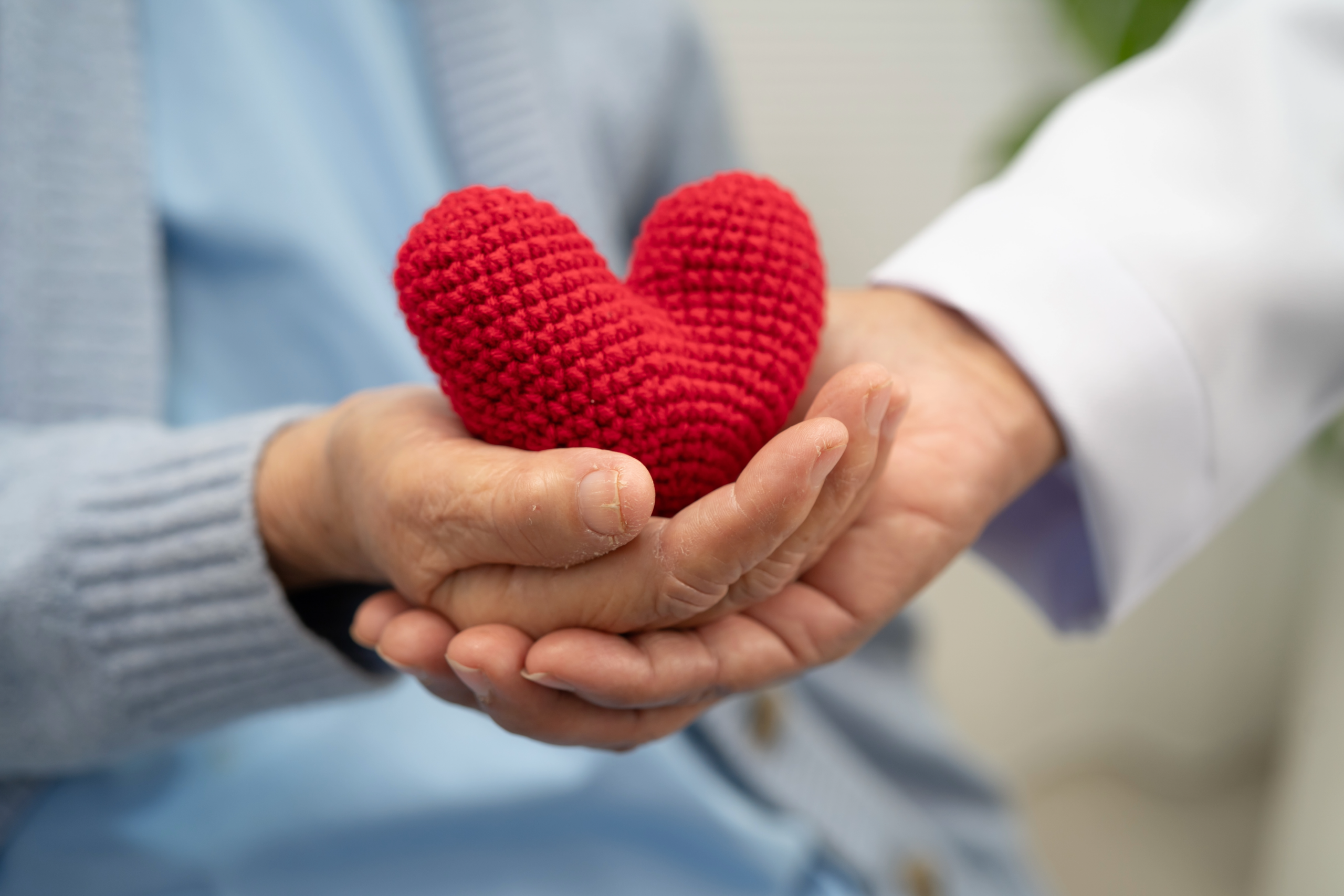 american heart month graphic two hands holding a knit red heart.